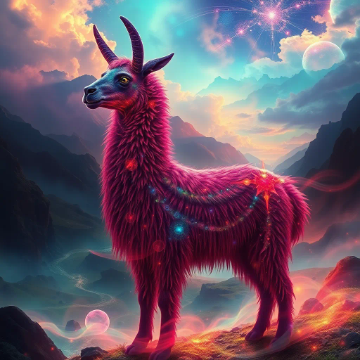 mystical llama, ethereal landscape, vibrant colors, surreal lighting, intricate patterns, dreamlike atmosphere, fantasy setting, imaginative realm, grandiose scale, flowing textures, dynamic movement, mythical creature, South American folklore, enchanted aura, luminescent glow, magical realism, whimsical scenery, fantastical composition, enchanting silhouette, mysterious depths, visual storytelling, Andres Amador influences, vibrant hues, vivid imagination