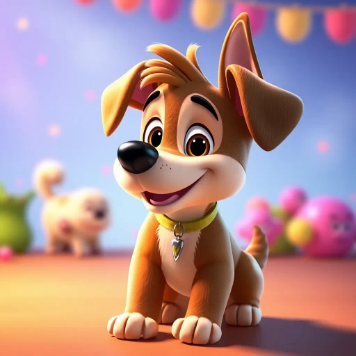 adorable canine, Pixar-inspired, vibrant colors, dynamic composition, whimsical charm, soft lighting, playful energy, expressive features, smooth textures, cartoon realism, character design, storytelling elements, family-friendly, immersive worlds, John Lasseter influence, animated expression, cinematic angles, heartwarming scene, creative narrative, emotional connection, joyful atmosphere