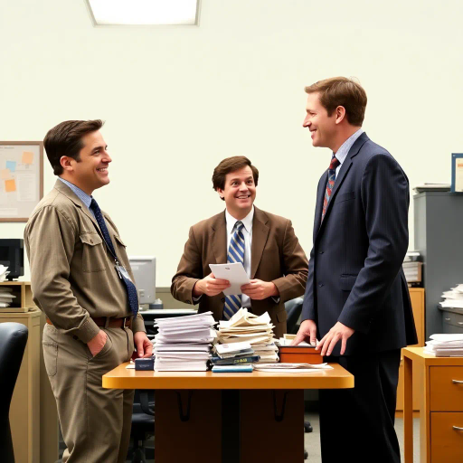 satirical, workplace comedy, 2000s television, vibrant characters, humorous interactions, Michael Scott, Jim Halpert, Dwight Schrute, sardonic wit, office dynamics, banter, mundane setting, Scranton, paper company, unconventional storytelling, ensemble cast, mockumentary style, Steve Carell, quirky relationships, deadpan humor, varied personalities, narrative arcs, expressive body language, exaggerated emotions, bright lighting, cheerful ambiance, subtle social commentary, scenographic composition