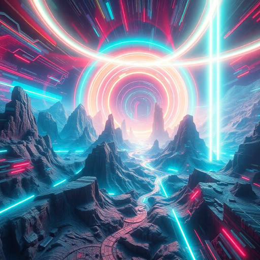 virtual reality, futuristic vision, immersive experience, artist: Syd Mead, neon glow, virtual landscapes, digital rendering, sci-fi universe, dynamic movement, vibrant colors, hyper-realism, cutting-edge technology, geometric forms, holographic textures, interactive environments, light trails, enhanced perception, spatial exploration, imaginative realms, high-tech aesthetics