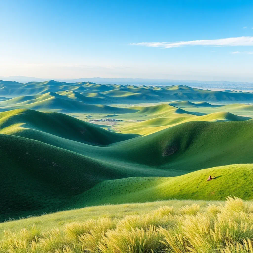 Xinjiang grassland, vast landscapes, rolling hills, sweeping vistas, ethereal beauty, Chinese painting influence, vibrant greens, serene blues, expansive skies, impressionist lighting, movement in the grasses, tranquility, endless horizons, delicate textures, cultural richness, expansive scale, immersive scene, symbolic nature, traditional and modern blend, intricate details, poetic atmosphere