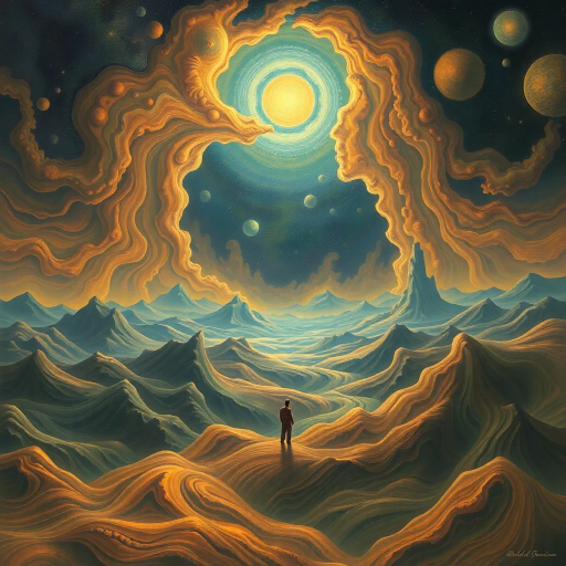introspective contemplation, surreal landscapes, ethereal lighting, Salvador Dali influence, mystical aura, dreamlike quality, vivid imagination, flowing forms, cosmic scale, meditative mood, intricate patterns, celestial elements, timeless essence, rich textures, harmonious colors, vast space, transcendental symbolism, imaginative introspection, lush detail, visionary dreamscapes