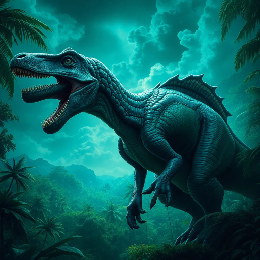 majestic dinosaur, lush jungles, vivid emerald greens, dynamic poses, chiaroscuro lighting, mythical era, ethereal glow, intricate scales, surreal landscapes, movement and tension, timeless prehistoric panorama, Jules Verne influence, hyper-realistic textures, primordial ambiance, paleoart inspiration, vibrant life, dramatic skies, storytelling composition, atmospheric depth, earthy tones, grandeur and mysticism, visionary interpretation, fantastical realism, Henri Rousseau, adventurous spirit, ancient mythology, evocative allure, sprawling vegetation, sublime beauty, imaginative detail