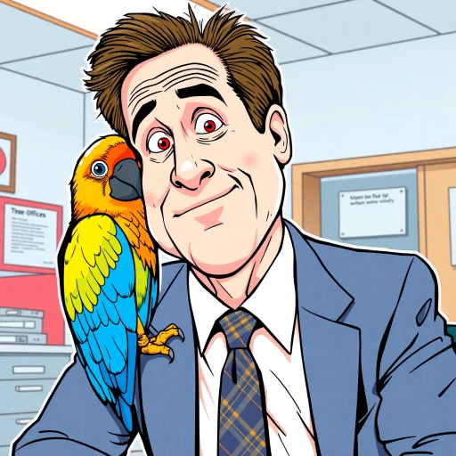 Michael Scott, parrot, vibrant colors, humorous expression, dynamic composition, satirical tone, sketch-like outlines, exaggerated features, playful mood, vibrant palette, TV sitcom influences, American office setting, character-centric, lighthearted ambiance, witty dialogue, pop art style, The Office, satirical humor, Steve Carell, ensemble cast, mockumentary style, quirky personalities, everyday life, work environment, subtle irony, character dynamics, Dunder Mifflin, Scranton, Pennsylvania, documentary filming, comedic timing, deadpan expression, cultural phenomenon, paper company, Jim Halpert, Pam Beesly, Dwight Schrute, team dynamics, office antics, creative line work, pop culture references, iconic moments, expressive line art, humor-driven narratives