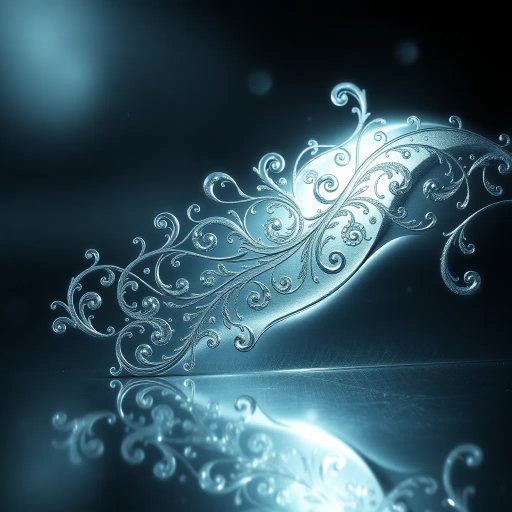 metallic luster, reflective surface, silver hues, intricate filigree, art nouveau, Gustav Klimt, ethereal glow, cool tones, surrealism, obsidian shadows, fluid movement, ornate patterns, delicate engraving, high contrast, shimmering light, atmospheric setting, delicate detailing, abstract space, monochromatic palette, futuristic elegance, dimensional depth, luminescent, delicate highlights, celestial motifs, elegant composition, flowing lines, minimalist aesthetic, timeless allure, innovative design, ethereal beauty, masterful artistry, refined textures, modern sophistication, visual poetry, enigmatic atmosphere, transcendent vision