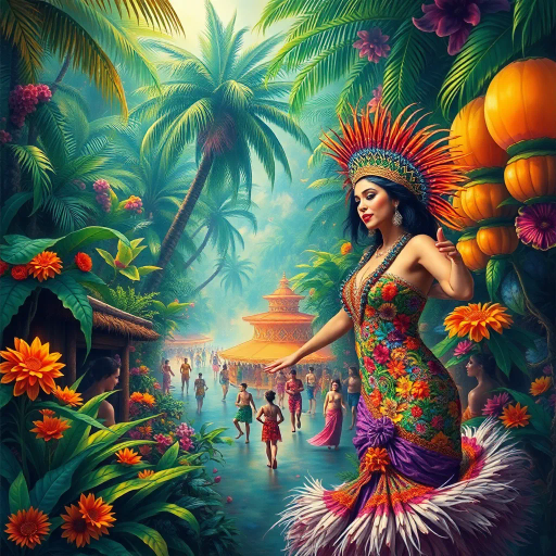 vibrant carnival, amazon jungle, lush greenery, rich cultural tapestry, Carmen Miranda, surrealism, tropical hues, dynamic movement, rhythmic energy, expressive colors, intricate patterns, lively street scenes, samba dancers, exotic wildlife, atmospheric perspective, detailed textures, magical realism, cultural diversity, spirited festivities, radiant sunlight, complex compositions, whimsical elements, bold palettes, mystical atmosphere, fantastical landscapes, tropical flora and fauna