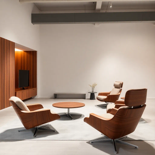 sleek contemporary furniture design, Eames-inspired curves, Bauhaus geometry, mid-century modern influence, warm mahogany tones, Nordic minimalism, soft upholstery textures, ambient lighting, open space composition, innovative use of materials, ergonomic shapes, luxurious comfort, artistic craftsmanship, elegance in simplicity, dynamic forms, juxtaposition of wood and metal, muted color palette, tactile surfaces, harmonious balance, serene atmosphere, timeless aesthetics