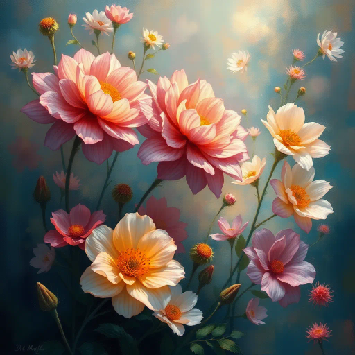 vibrant flowers, botanical art, surrealism, rich textures, Claude Monet, expressionism, ethereal glow, intricate details, vivid colors, atmospheric depth, delicate petals, dynamic composition, spring serenity, artistic elegance, garden symphony, burst of life, soft gradients, harmonious blending, natural elegance, transcendent beauty, mythical flora, ethereal dreamscape, surreal garden, whimsical atmosphere, impressionist influences, enchanting forest, painterly strokes, magical ambiance, lush foliage, floral symphony, timeless beauty, inspired imagination