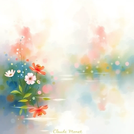 ethereal watercolors, Claude Monet, impressionism, soft pastels, fluid movement, dreamy haze, nature's serenity, garden landscapes, reflections in water, painterly brushstrokes, tranquil ambiance, translucent layers, diffused light, organic forms, vibrant blooms, delicate washes, plein air essence, contemplative mood, harmonious color palette, luminous glow, serene tranquility, atmospheric depth, impressionist light, fleeting moments, hue variations, atmospheric perspective, inspired by nature