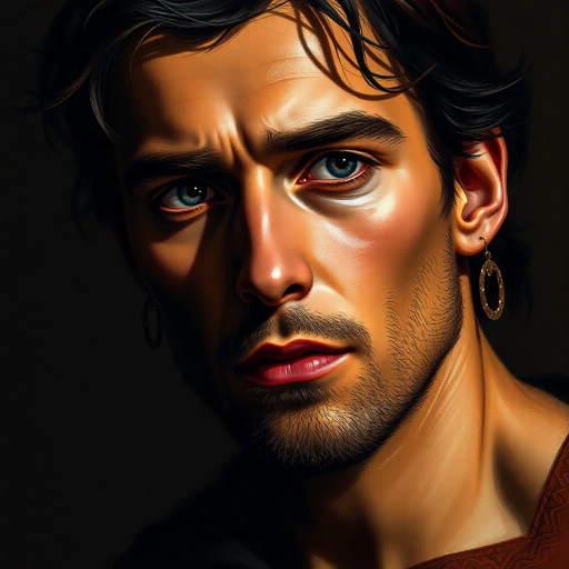 portrait of a man, inspired by Caravaggio, baroque lighting, chiaroscuro, intense gaze, dramatic shadows, Renaissance influence, vivid colors, digital paintbrush technique, textured brushstrokes, realistic expression, contemplative mood, intricate details, subtle symbolism, modern interpretation, classical composition, warm color palette, emotional depth, dynamic balance