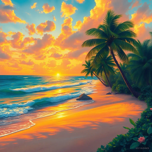 brazilian coast, vibrant beaches, tropical paradise, vivid colors, gary jules works, magical realism, coastal landscapes, golden sands, lush palms, azure waters, serene waves, sunset glow, tropical flora, samba spirit, warm ambiance, david hockney influence, dynamic movement, atmospheric perspective, immersive serenity, tropical sunsets, rich textures, ethereal light, evocative mood, paradise escape, artistic exploration, sprawling beachscapes