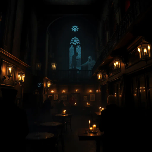 spooky atmosphere, eerie lighting, dimly lit tavern, Gothic architecture, chiaroscuro, Edgar Allan Poe influence, haunted ambiance, phantom silhouettes, atmospheric perspective, dark mahogany wood, flickering candlelight, mysterious patrons, shadowy figures, moody tones, spectral apparitions, foreboding aura, vintage decor, otherworldly presence, haunting echoes, supernatural elements