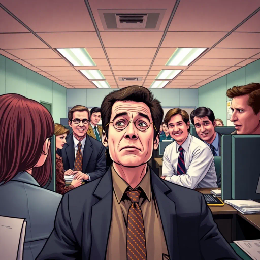 satirical humor, vibrant colors, Steve Carell, ensemble cast, mockumentary style, quirky characters, everyday life depiction, work environment, subtle irony, dynamic character interplay, Michael Scott, Dunder Mifflin office, Scranton, Pennsylvania setting, documentary filming techniques, 2000s television era, comedic timing, deadpan expression, cultural phenomenon impact, paper company theme, witty banter, office antics, relatable humor, office supplies detail, Jim Halpert, Pam Beesly, Dwight Schrute character nuances, team dynamics, overhead fluorescent lighting, mundane yet charming atmosphere, dynamic round camera angles, workplace relationships, comic-book artistry, expressive linework, exaggerated emotions, panel composition, narrative storytelling, visual comedy