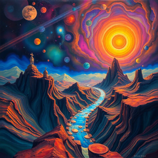 imaginative filtration, surreal landscapes, luminous textures, Salvador Dali, dreamlike vistas, cascading colors, ethereal mood, intricate patterns, Baroque influences, vibrant hues, atmospheric depth, flowing forms, dynamic movement, abstract expressionism, cosmic themes, infinite pathways, light paradoxes, visual symphony