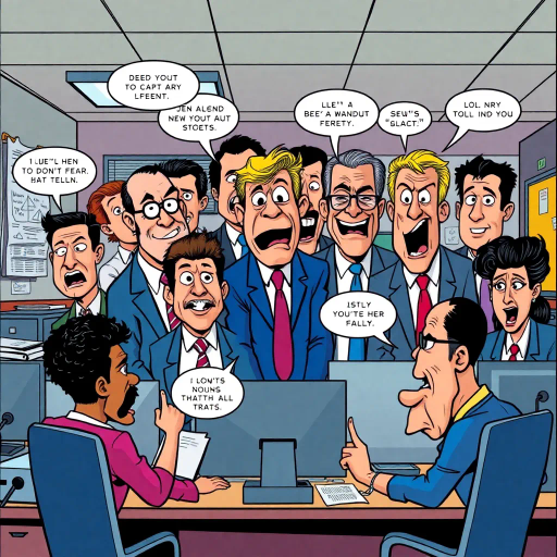 satirical workplace comedy, surreal humor, ensemble cast, bureaucratic chaos, 21st century pop culture, vibrant color palette, exaggerated expressions, dynamic panels, Roy Lichtenstein influences, witty dialogue, mundane office setting, everyday absurdities, overlapping story arcs, exaggerated caricatures, visual puns, contemporary Americana, awkward social interactions, humorous banter, slapstick elements, narrative vignettes, satirical undertones