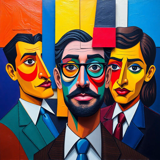 exploration of identity, michael scott, geometric abstraction, vibrant colors, cubism influence, office aesthetics, dynamic composition, modernist approach, abstract forms, playful humor, primary color palette, surreal interpretation, exaggerated proportions, whimsical expression, fragmented reality, contemporary culture, reflective surfaces, bold outlines, corporate environment, light-hearted mood, satirical tone, pop culture reference, intricate details, artistic homage, abstract geometry