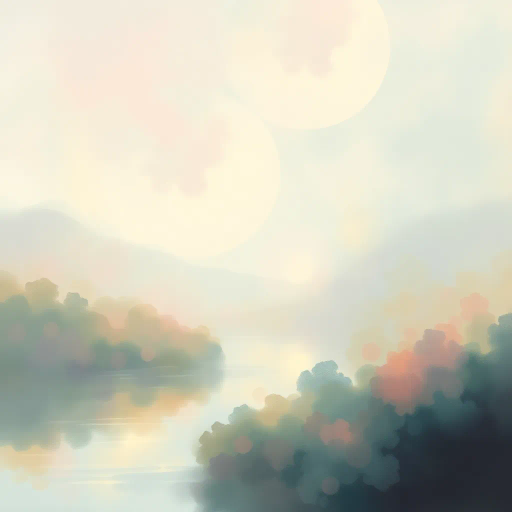 ethereal landscape, post-impressionism, Claude Monet, diffuse lighting, soft pastels, flowing textures, serene mood, dreamlike ambiance, watercolor feel, abstract nature, delicate brushwork, harmonious balance, tranquility, fluid dynamics, atmospheric perspective, nature's beauty, soft-focus effect, subtle gradients, light and shadow play, gentle brushstrokes, visual poetry, emotive expression, lush foliage, tranquil waters