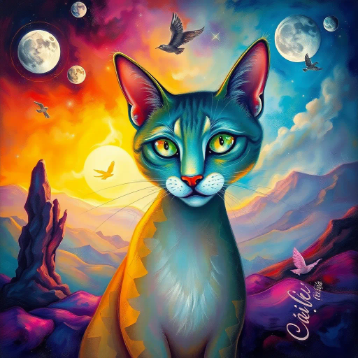 whimsical feline, surrealism, Salvador Dalí, ethereal glow, vibrant spectrum, mystical ambiance, fluid lines, abstract expressionism, dream-like landscape, observers perspective, enigmatic smile, fantasy realism, Claude Monet influence, divine elegance, intricate patterns, soft brushstrokes, artistic allure, ethereal sky, celestial elements, metaphysical journey, depth and shadow, layered textures, transcendental experience, visual poetry, harmonious balance, artistic whimsy