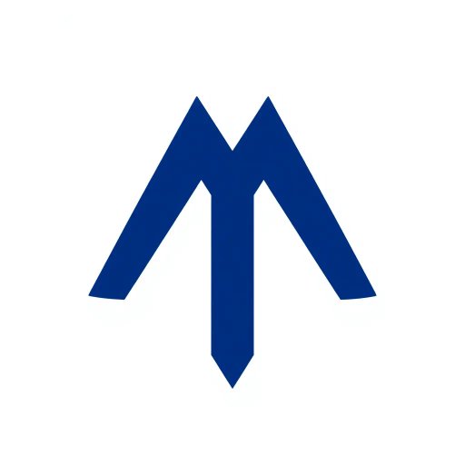 geometric M lettermark, bold vertical strokes, angled V-shaped bridges, hierarchy, solid indigo blue, minimalism, flat vector design, clean white background, modern typography, precision, simplicity, strong visual identity, abstract representation, corporate branding, bold lines, negative space, symmetrical composition, Bauhaus influence, contemporary design