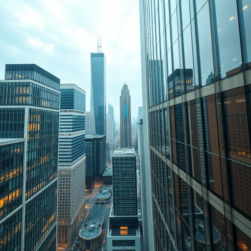 corporate leadership, modern architecture, executive presence, sleek design, dynamic composition, inspired by Andy Warhol and Bauhaus minimalism, emphasis on power and authority, neutral tones contrasted with vivid accents, high-rise perspectives, sharp lines, urban ambiance, technological influence, modernist aesthetics, strong focus on hierarchy and structure, professional environment, innovation, futuristic urban setting, ethereal lighting, clean and polished textures