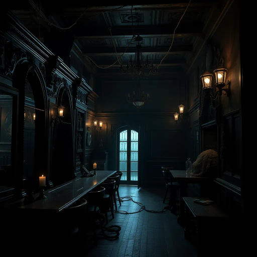dark, eerie bar, gothic influences, chiaroscuro lighting, shadowy corners, suspenseful atmosphere, Edgar Allan Poe, Victorian era, intricate carvings, dim candlelight glow, decayed elegance, cobweb-laden, worn wood textures, unsettling ambiance, haunting presence, mysterious patrons, sepulchral quiet, shadow play, reflective surfaces, foreboding mood, architectural decay