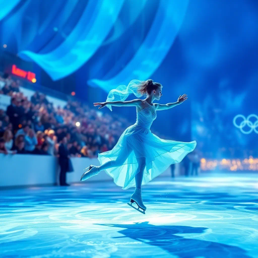 olympic figure skating, ethereal movement, dynamic motion, luminous blue, elegant choreography, azure hues, shimmering lights, impressionist glow, spectators in awe, graceful rotations, fluid lines, kinetic energy, atmospheric lighting, crystalline textures, contemporary art, artistic swirls, capturing momentum, visual rhythm, energetic ambiance, vibrant contrast, sense of balance, dramatic flair, impression of unity, reflective surface, vivid spectacle, artistic interpretation, cultural celebration