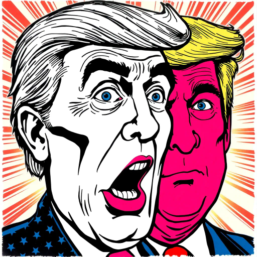 satirical caricature, exaggerated features, political symbolism, vibrant colors, pen-and-ink textures, Roy Lichtenstein influence, pop art era, humor-driven narrative, dynamic composition, bold outlines, American cultural elements, emotionally charged expressions, satirical tone, mid-20th century reference, iconic imagery, energetic line work, visual wit, comic strip aesthetics, subversive commentary, metaphorical elements, pop art influences, cultural satire, expressive strokes, vibrant comic palette, comic-book design, witty narrative, cultural critique