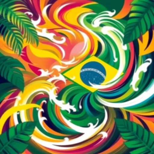 vibrant colors, swirling movement, tropical allure, Brazilian flag, geometric precision, cultural celebration, Carnival inspiration, abstract shapes, bold contrast, energetic flow, Rio de Janeiro, lush greens, radiant yellows, deep blues, chromatic harmony, festive spirit, national pride, rhythmic patterns, dynamic composition, joyful exuberance, modern interpretation