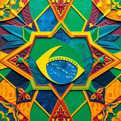 vibrant colors, geometric shapes, cultural symbolism, rich textures, tropical influence, modern interpretation, national pride, intricate patterns, dynamic composition, bright green, vivid gold, deep blue, movement, contemporary style, Brazilian culture, Jorge Amado, playful textures, dimensional layering, abstract representation, optimism and unity