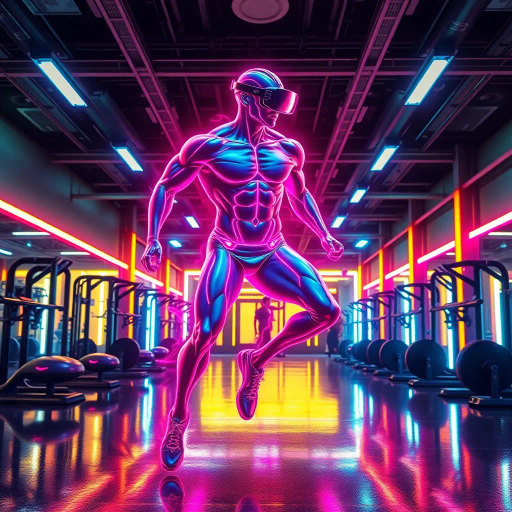 dynamic athleticism, futuristic gymnasium, neon colors, reflective surfaces, hyper-realistic anatomy, energy and motion, muscle definition, vibrant lighting, cyberpunk influence, Bauhaus geometry, ergonomic design, kinetic energy, modern fitness equipment, virtual reality integration, digital precision, immersive experience