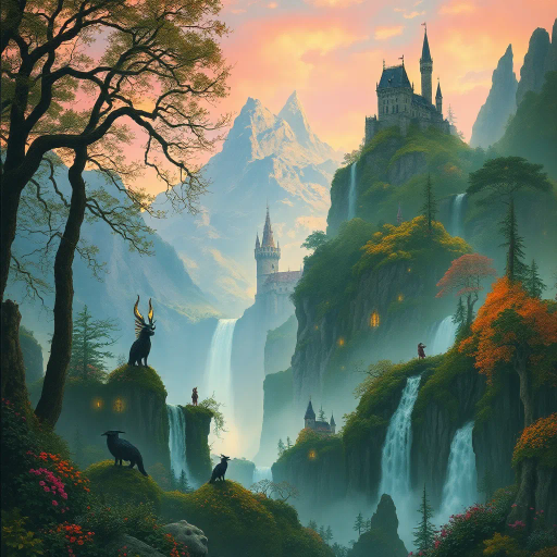 enchanted forest, mystical mountains, Arthur Rackham, J.R.R. Tolkien inspiration, vibrant hues, ethereal glow, surreal elements, whimsical ambience, imaginative creatures, rich texture, luminous light, dreamlike setting, intricate patterns, magical realism, cascading waterfalls, ancient trees, airy atmosphere, vibrant flora, mythical beings, pastel skies, layered depth, painterly technique, atmospheric perspective, enchanted twilight, timeless wonder, epic scale, medieval castles, surreal geometry, mystical aura, fairytale whimsy, enchanted realm, storytelling elements, soft light, detailed foliage, fantasy realism, cultural mythology, adventure and wonder, timeless beauty