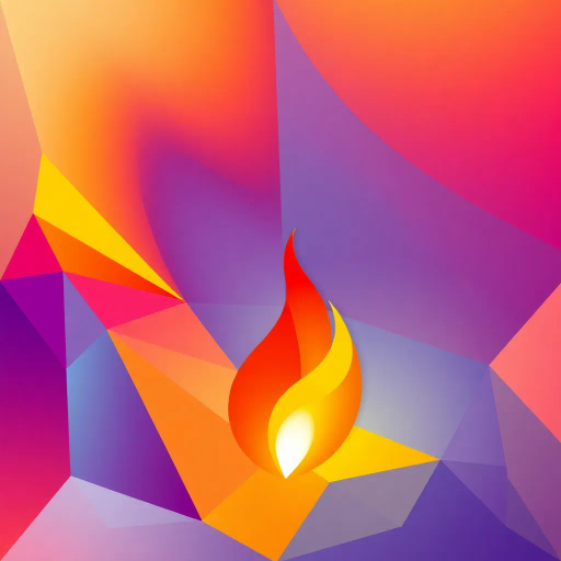 minimalistic, geometric shapes, vibrant colors, soft gradients, angular design, polygonal, abstract flame, warm palette, glowing effect, simplified forms, modern aesthetic, flat shading, contrasting hues, visual balance, dynamic composition, contemporary art, clean lines, symbolic warmth, ethereal glow, luminous intensity, stylized representation, Bauhaus influence, Cubist abstraction, high-key lighting, whimsical forms, immersive ambiance, spatial harmony, kinetic energy, geometric abstraction, fluid motion, digital synthesis, creative interpretation, bold palette, atmospheric depth