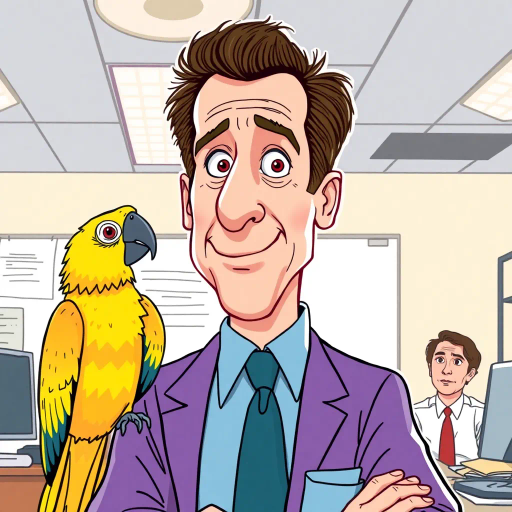 Michael Scott, parrot, vibrant colors, humorous expression, dynamic composition, satirical tone, sketch-like outlines, exaggerated features, playful mood, vibrant palette, tv sitcom influences, american office setting, character-centric, lighthearted ambiance, witty dialogue, pop art style, interplay of humor and absurdity, The Office, TV show, satirical humor, Steve Carell, ensemble cast, mockumentary style, quirky, everyday life, work environment, subtle irony, character dynamics, Dunder Mifflin, Scranton, Pennsylvania, documentary filming, comedic timing, deadpan expression, cultural phenomenon, paper company, witty banter, office antics, relatable humor, office supplies, Jim Halpert, Pam Beesly, Dwight Schrute, team dynamics, overhead fluorescent lighting, mundane yet charming, round camera angles, workplace relationships, exaggerated expressions, dynamic panels, humor-driven narratives, pop culture references, iconic moments, quirky personalities, expressive line work, sequential art story