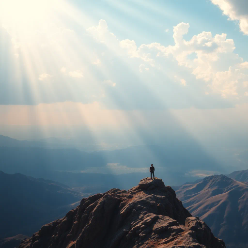 majestic vista, man on mountain peak, vast landscape, sweeping view, tranquil and awe-inspiring, sunlight rays, dramatic clouds, Renaissance color palette, intricate details, ethereal atmosphere, panoramic scene, sense of freedom, exploration and discovery, soft lighting, Leonardo da Vinci inspired, harmonious balance, contrasting textures, nature's wonder, expansive horizon, timeless moment, emotional depth, intricate patterns of the earth, elevated perspective, sense of scale, magnificent beauty, detailed texture, contemplative mood, adventurous spirit