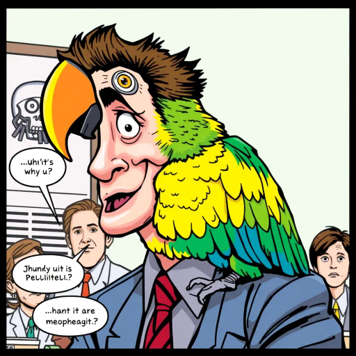 Michael Scott, colorful parrot, vibrant colors, humorous expression, dynamic composition, satirical tone, exaggerated features, playful mood, pop art style, witty dialogue, tv sitcom influences, The Office, ensemble cast, mockumentary style, quirky everyday life, character dynamics, cultural phenomenon, Steve Carell, Dunder Mifflin, paper company, office antics, relatable humor, expressive line work, sequential art story, vibrant palette, americana, narrative humor, iconic moments, lighthearted ambiance, dynamic poses, Jim Halpert, Pam Beesly, Dwight Schrute, vibrant personalities, comedic timing, sketch-like outlines, cartoonish exaggeration, character-centric atmosphere, interplay of humor and absurdity, comedic timing, satirical composition