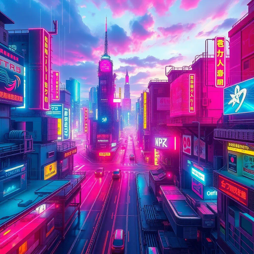 futuristic cityscape, cyberpunk vibes, vibrant neon colors, electric hues, 1980s aesthetics, synthwave influence, bold geometric shapes, neon lights, urban landscape, high contrast visuals, retro-futurism, dynamic movement, dusk lighting, vivid reflections, intricate detailing, digital rendering, surreal atmosphere, abstract patterns, sci-fi elements, immersive universe, nostalgic mood, visual rhythm, avant-garde expression, cultural nostalgia, H.R. Giger, Jean Giraud, luminescent textures, urban decay, chromatic brilliance, kinetic energy, spatial depth, hyper-realistic yet surreal, glistening surfaces, emotive ambiance, speculative fiction, glitched forms, ethereal glow