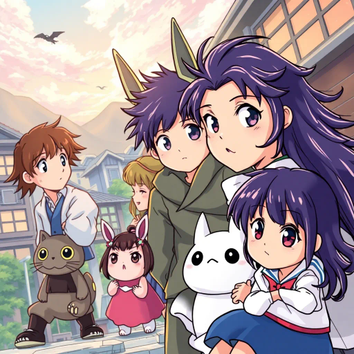 vibrant anime characters, Studio Ghibli influence, dynamic action poses, pastel color palette, expressive eyes, intricate hairstyles, dramatic lighting, manga-inspired linework, fantastical settings, Japanese culture, modern twist, whimsical storytelling, emotional depth, cel shading, bold outlines, serene landscapes, traditional animation techniques, contemporary urban environments