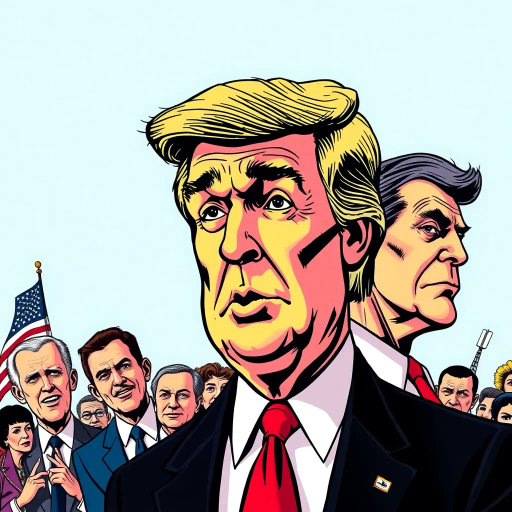 surreal, political satire, vibrant colors, caricature, contemporary issues, exaggerated features, humor, bold lines, Roy Lichtenstein, pop art, dynamic composition, expressive, commentary, satirical expression, graphic illustration, comic panel design, American culture, iconic figures, visual storytelling, high contrast, playful yet incisive, current events