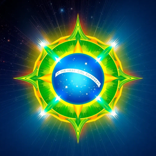 vivid colors, national symbol, Brazil, celestial sphere, infinite sky, tropical vibrancy, geometric symmetry, modernist influence, bold lines, emerald green, golden yellow, azure blue, luminescent glow, cultural pride, dynamic composition, contemporary elements, rhythmic energy, abstract representation, South American essence, harmonious balance, global unity, festive spirit, optical illusion, expansive space, contrasting tones