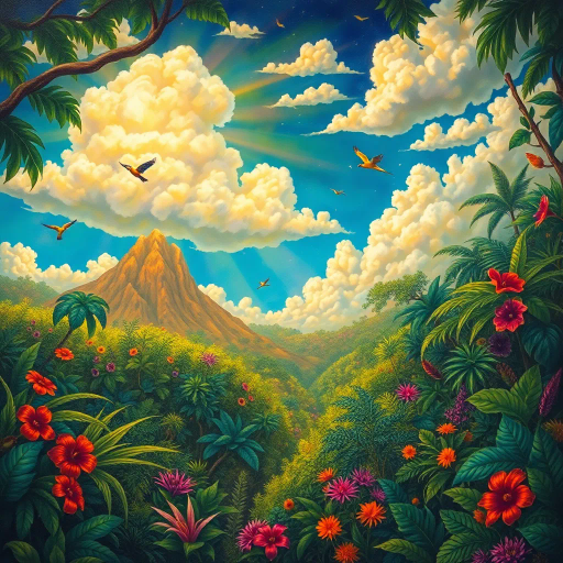 vivid rainforests, carnival atmosphere, vibrant colors, intricate details, lush foliage, rich cultural heritage, magical realism, Brazilian landscape, surreal clouds, tropical wildlife, Henri Rousseau influence, rhythmic movement, radiant sunlight, festive mood, intricate patterns, exotic birds, mythical elements, celebratory spirit, tropical flora, samba rhythm, enchanting scenery