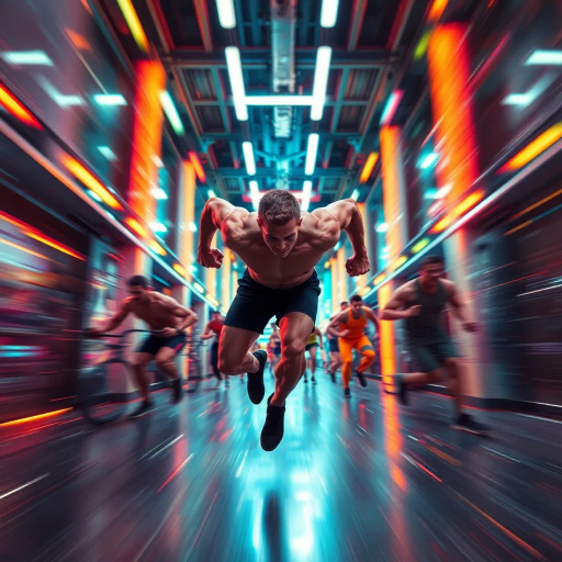 athletic, dynamic, energy, abstract shapes, vivid colors, neon lights, motion blur, perspective, futuristic, immersive, movement, urban setting, high contrast, stylized muscles, workout equipment, depth, vibrant atmosphere, modern design, kinetic energy, fitness, sweat, vitality, intensity, action, hyper-realistic, momentum, power, sleek lines