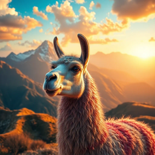 majestic llama, Andes mountains, vibrant colors, magical realism, intricate details, surreal landscape, golden hour lighting, textured fur, mystical aura, sweeping vistas, dynamic composition, ethereal clouds, cultural richness, Gabriel García Márquez influence, dreamlike atmosphere, gentle movement, whimsical charm, enchanting presence, intricate patterns, rich symbolism, warm tones, expansive terrain, mythical quality, impressionistic touch, imaginative narrative