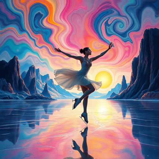 elegant figure skater, olympic athlete, surreal backdrop, Salvador Dalí influence, dreamlike landscape, fluid movement, ethereal atmosphere, dynamic pose, expressive forms, vivid colors, swirling patterns, abstract shapes, fantasy elements, contrasting light and shadow, glistening ice, futuristic textures, graceful composition, imaginative environment, artistic surrealism, mystical vibes, vibrant palette, narrative depth, enchanting mood, cultural symbolism, expansive scenery
