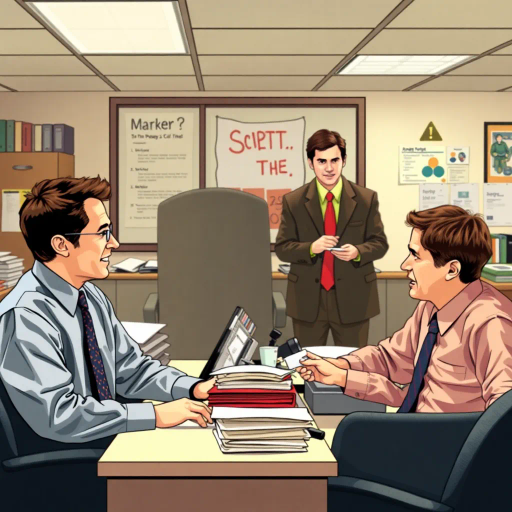 satirical, workplace comedy, 2000s television, vibrant characters, humorous interactions, Michael Scott, Jim Halpert, Dwight Schrute, sardonic wit, office dynamics, banter, mundane setting, Scranton, paper company, unconventional storytelling, ensemble cast, mockumentary style, Steve Carell, quirky relationships, deadpan humor, varied personalities, narrative arcs, expressive body language, exaggerated emotions, bright lighting, cheerful ambiance, subtle social commentary, scenographic composition