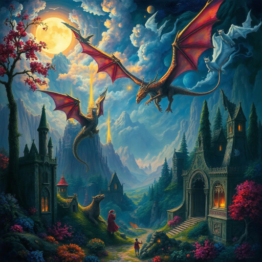 ethereal landscapes, mythical creatures, soaring dragons, enchanted forests, surreal, Salvador Dali, vibrant colors, mystical lighting, whimsical elements, Arthur Rackham, dreamlike atmosphere, intricate detail, medieval influence, magical realism, imaginative scenes, heroic figures, mystical, fairy tale, Arthurian legend, vivid imagination, baroque influence, vibrant foliage, ancient ruins, moonlit glow, epic narrative, fantastical motifs