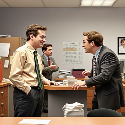 satirical, workplace comedy, 2000s television, vibrant characters, humorous interactions, Michael Scott, Jim Halpert, Dwight Schrute, sardonic wit, office dynamics, banter, mundane setting, Scranton, paper company, unconventional storytelling, ensemble cast, mockumentary style, Steve Carell, quirky relationships, deadpan humor, varied personalities, narrative arcs, expressive body language, exaggerated emotions, bright lighting, cheerful ambiance, subtle social commentary, scenographic composition