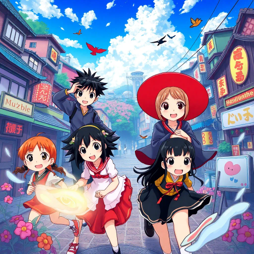 vibrant colors, dynamic action, intricate backgrounds, Studio Ghibli influence, narrative depth, whimsical characters, Japanese culture, expressive faces, fantasy adventure, emotional storytelling, traditional animation, manga aesthetics, lively environment, detailed costumes, cultural motifs, fluid motion, Harajuku fashion, melodic themes, light-hearted humor, ethereal landscapes