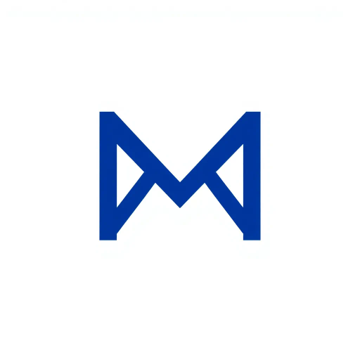 minimal M logo, perspective convergence, depth, hierarchy, solid indigo blue, geometric structure, modern tech design, flat vector illustration, sleek elegance, clean lines, symmetry, contemporary aesthetics, Bauhaus influences, structural elegance, futurism, precision, abstraction, innovative branding, spatial innovation, symmetry, balance, white background, dynamic form, simplicity, visual impact, futuristic approach