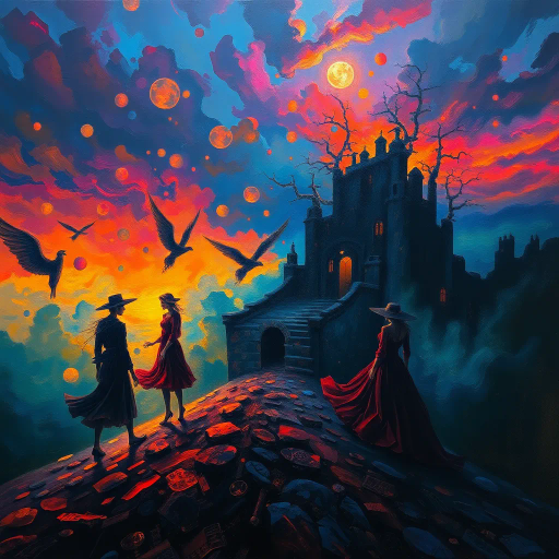 surreal landscape, Mike Worrall, dreamlike figures, ethereal glow, chiaroscuro, vibrant palette, enigmatic atmosphere, fluid motion, Renaissance influence, abstract forms, kaleidoscopic colors, impressionist brushwork, haunting beauty, dramatic contrasts, conceptual depth, mysterious narratives, twilight ambiance, surrealism, dynamic flow, intricate details