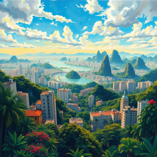 vibrant rainforest, sprawling cityscapes, Rio Carnival celebration, modernist architecture, Tarsila do Amaral, tropical paradise, lush landscapes, Samba rhythm, vivid color palettes, dynamic movement, cultural fusion, vibrant street art, warm sunlight, Copacabana beach, panoramic views, rich biodiversity, Botero-inspired figures, expressive brushstrokes, Amazon River, intricate textures, joyous atmosphere, cultural heritage, Henri Rousseau influence, energetic composition